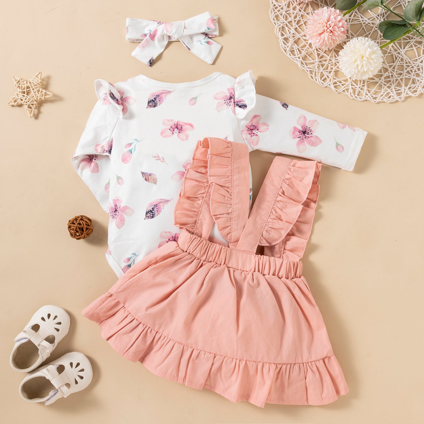 Printed Long-Sleeved Baby Girl Romper Two-Color Strap Ruffled Dress Headdress | Three Pieces
