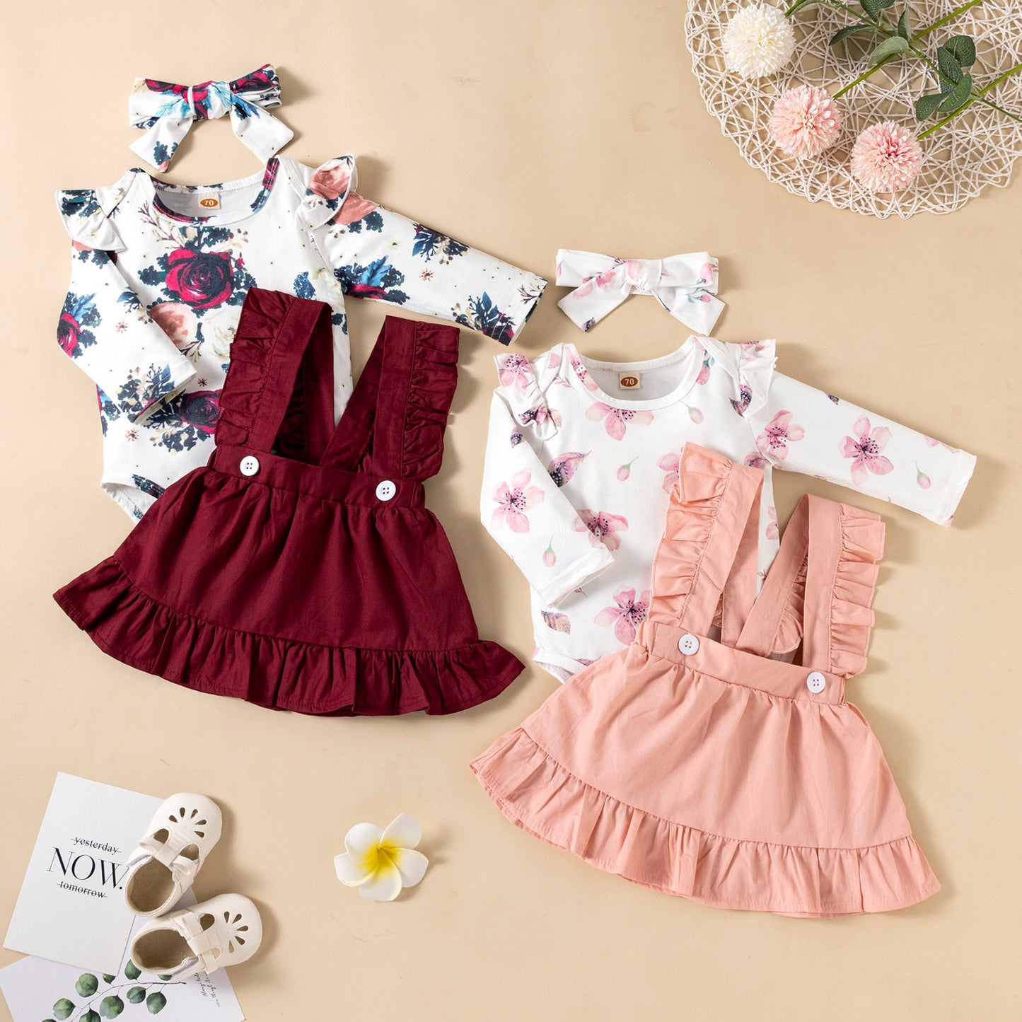 Printed Long-Sleeved Baby Girl Romper Two-Color Strap Ruffled Dress Headdress | Three Pieces