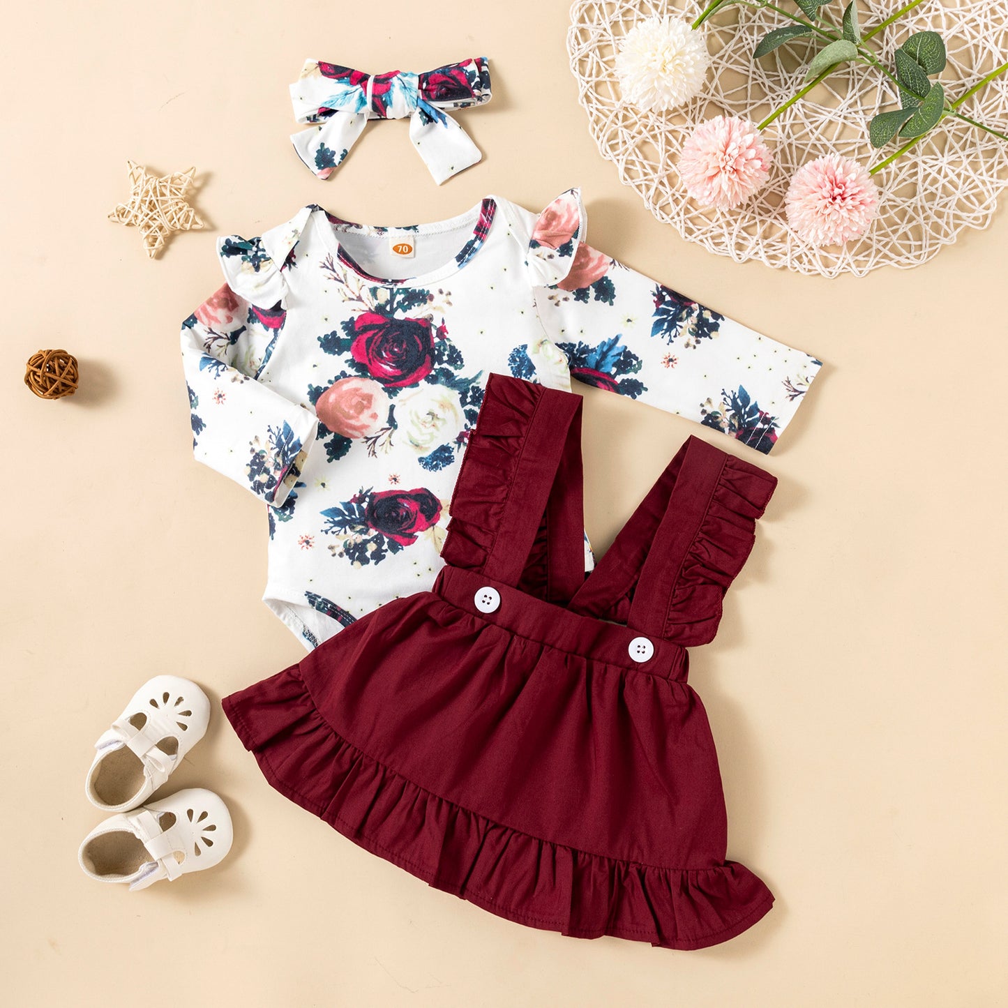 Printed Long-Sleeved Baby Girl Romper Two-Color Strap Ruffled Dress Headdress | Three Pieces