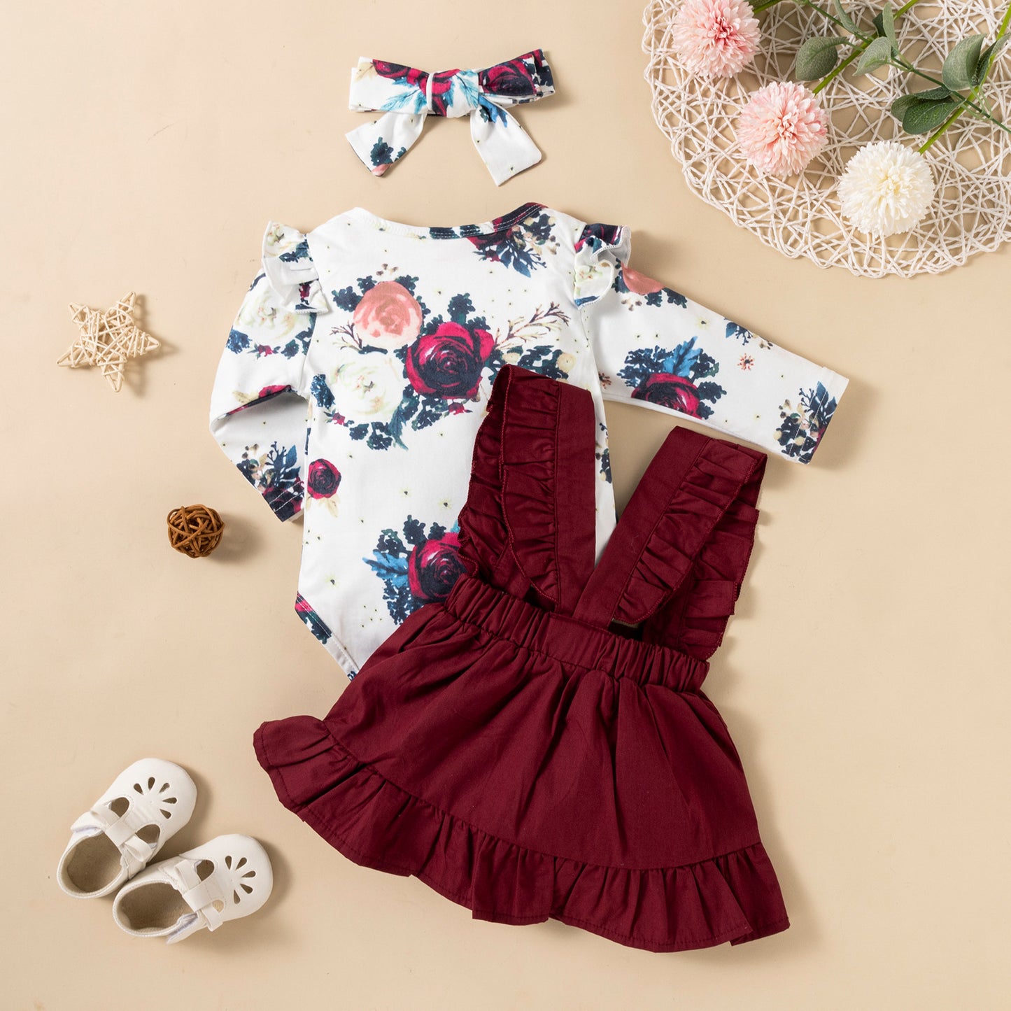 Printed Long-Sleeved Baby Girl Romper Two-Color Strap Ruffled Dress Headdress | Three Pieces