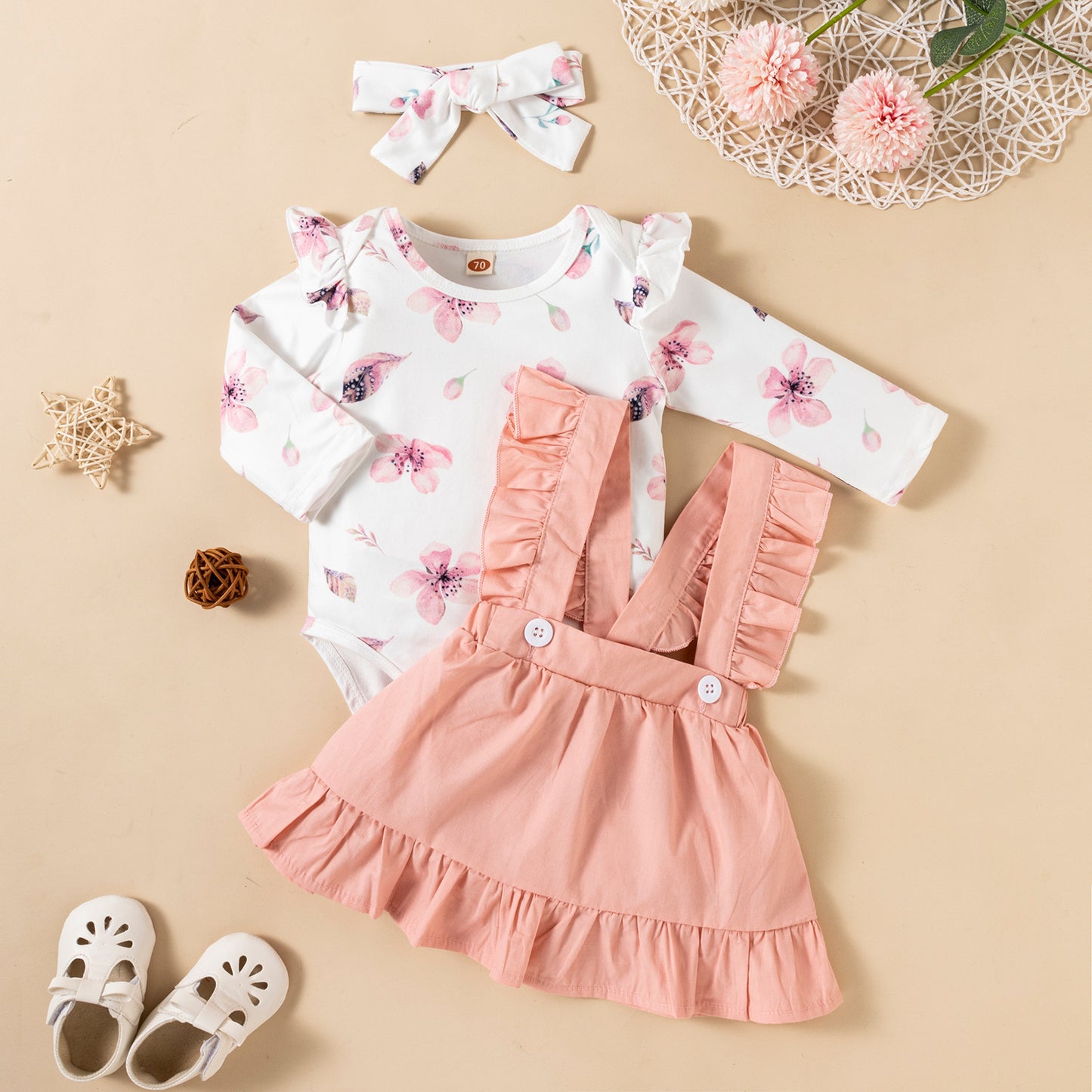 Printed Long-Sleeved Baby Girl Romper Two-Color Strap Ruffled Dress Headdress | Three Pieces